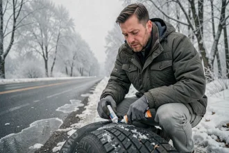 Homme réparant un pneu tubeless au bord d'une route enneigée en hiver avec du liquide préventif