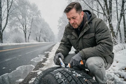 Homme réparant un pneu tubeless au bord d'une route enneigée en hiver avec du liquide préventif