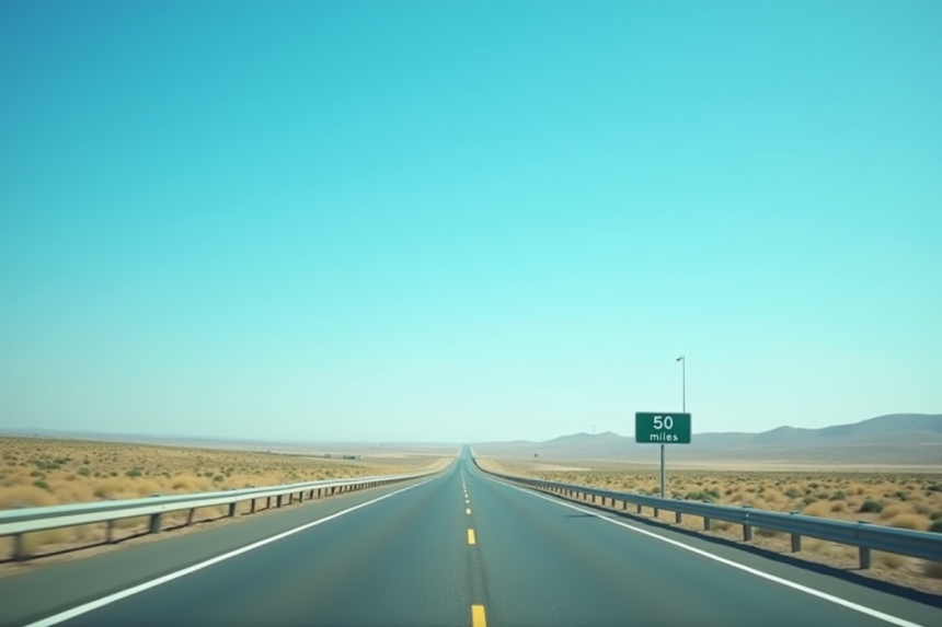 Autoroute vide avec panneau 50 miles sous ciel bleu clair