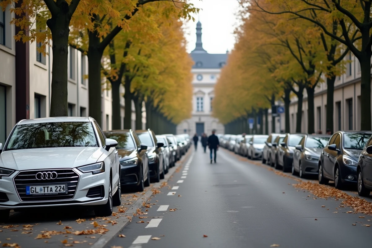 Rue de Luxembourg-Ville avec des voitures arborant des plaques d'immatriculation L visibles le long d'une avenue bordée d'arbres en automne
