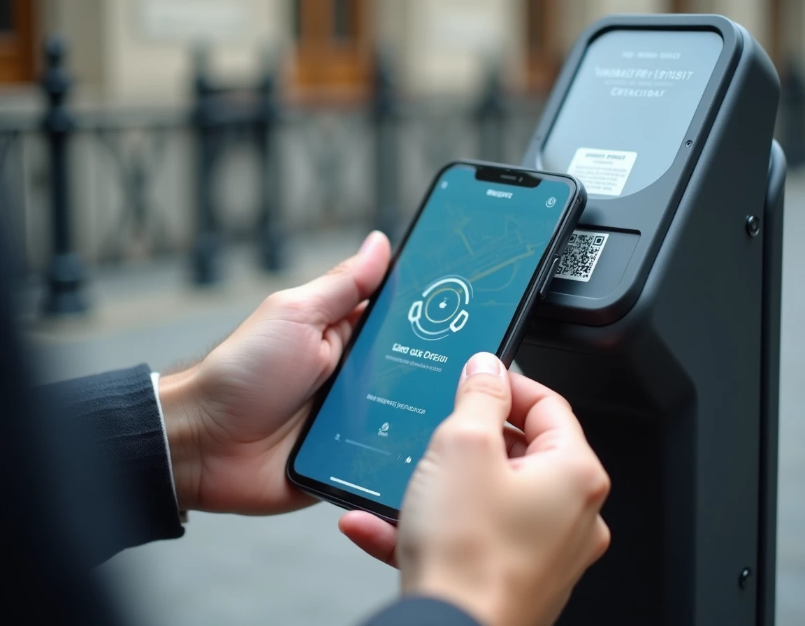 Mains utilisant un smartphone pour scanner un QR code sur une borne de location Mober à Paris