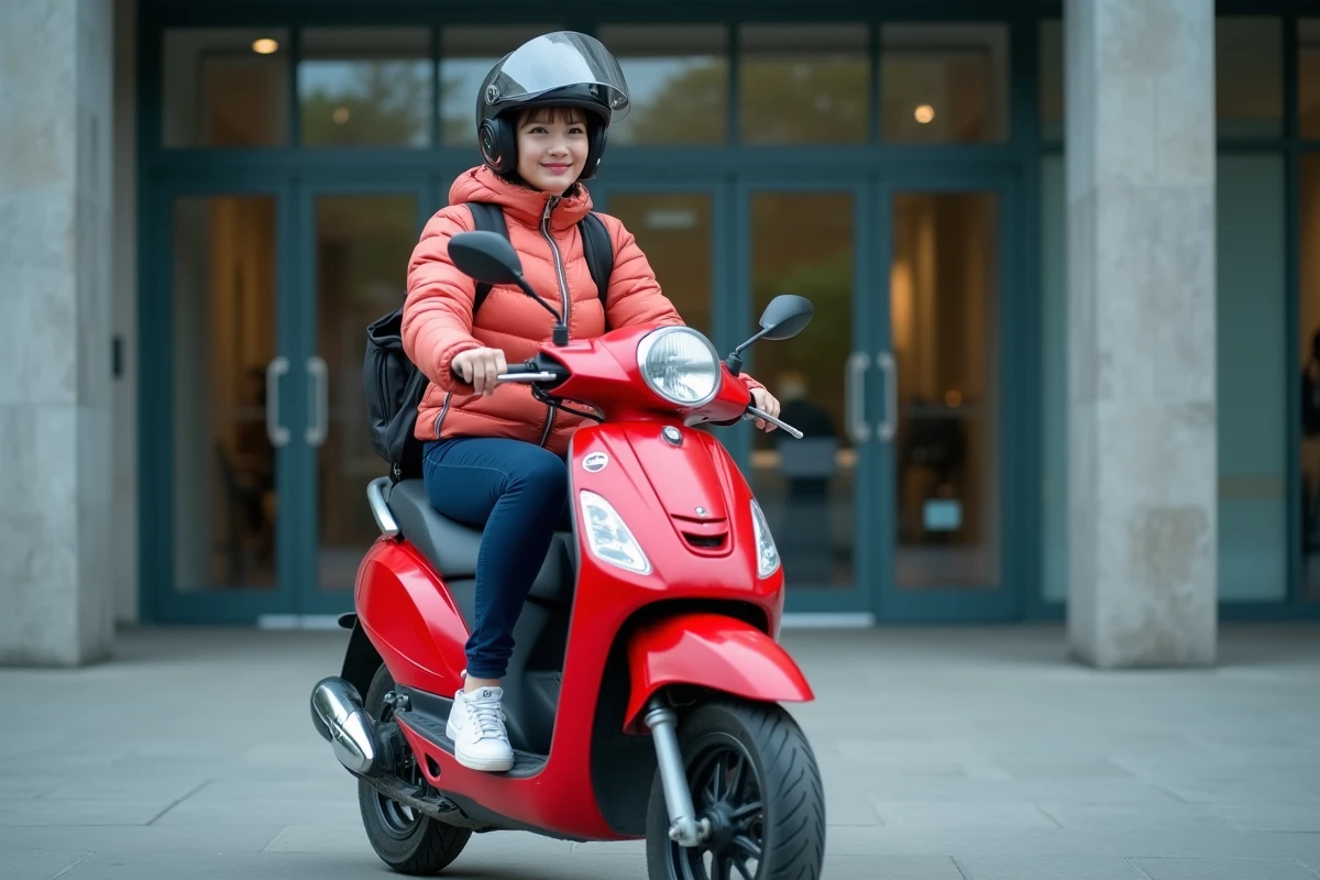 Étudiante avec un scooter 50cc rouge neuf devant une université, mobilité quotidienne abordable