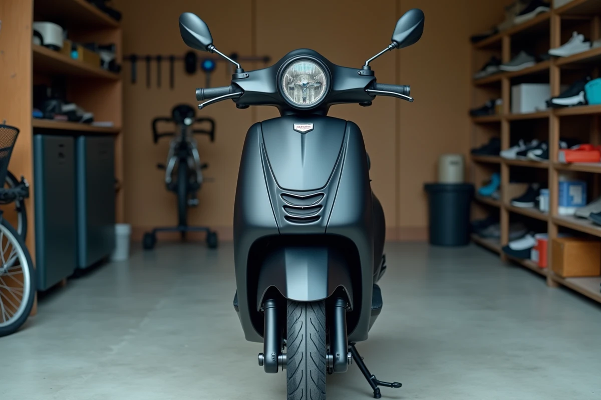 Gros plan sur un scooter 50cc neuf noir mat garé dans un garage, détails design et qualité