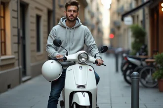 Jeune homme avec un scooter 50cc blanc neuf garé sur un trottoir urbain pour un usage quotidien