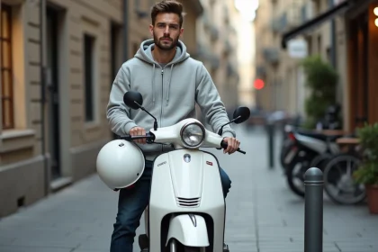 Jeune homme avec un scooter 50cc blanc neuf garé sur un trottoir urbain pour un usage quotidien