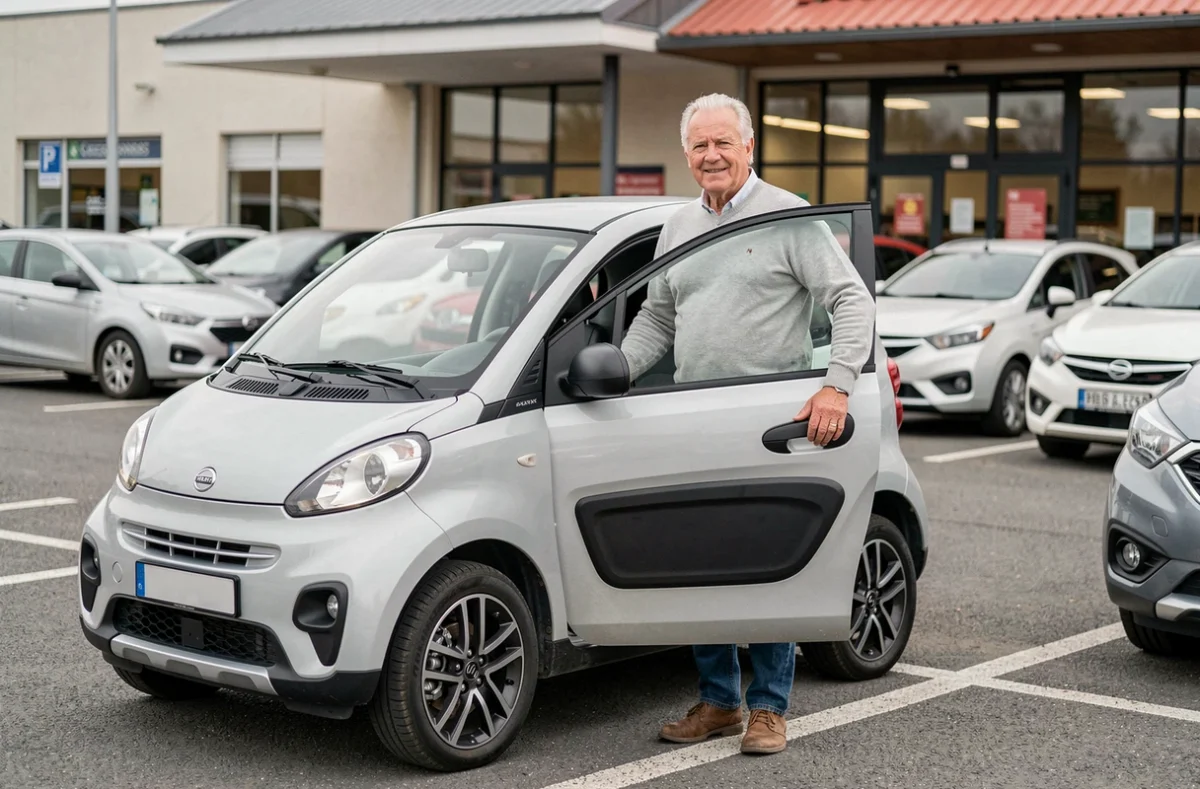 Senior sortant d'une Aixam électrique dans un parking, mobilité autonome grâce à la voiture sans permis