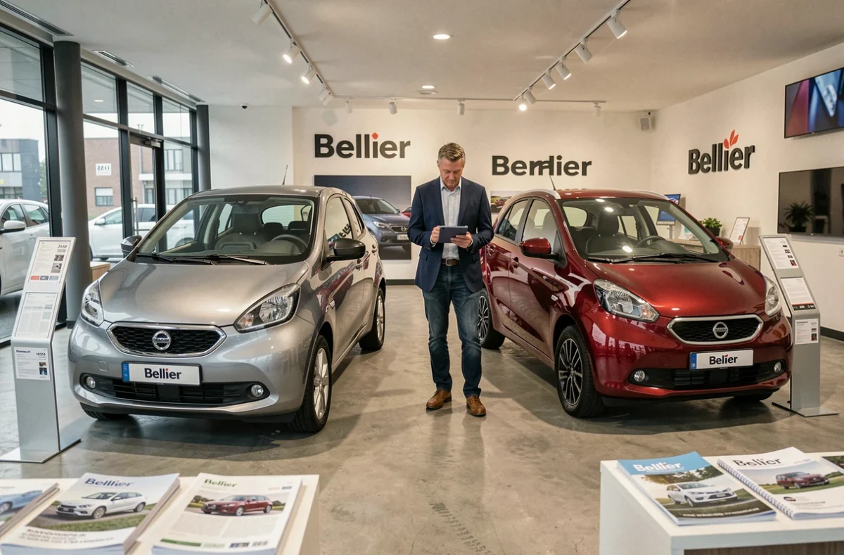 Showroom concession Bellier avec deux modèles de voitures sans permis exposés