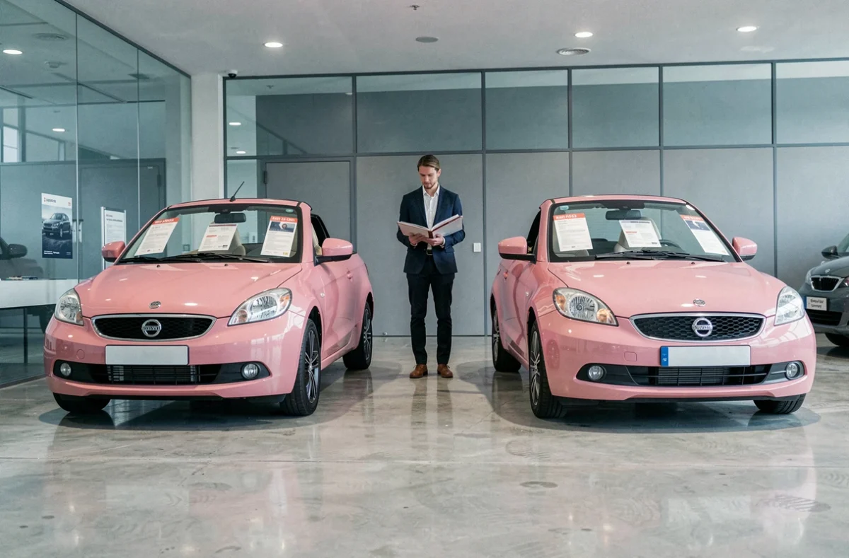 Deux voitures sans permis décapotables roses exposées dans un showroom de concessionnaire automobile