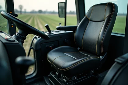 Siège de tracteur ergonomique en vinyle noir avec accoudoirs et système de suspension visible à l'intérieur d'une cabine agricole moderne
