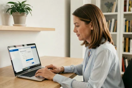 Femme utilisant un ordinateur portable pour réaliser une simulation d'assurance auto MACIF depuis son bureau à domicile