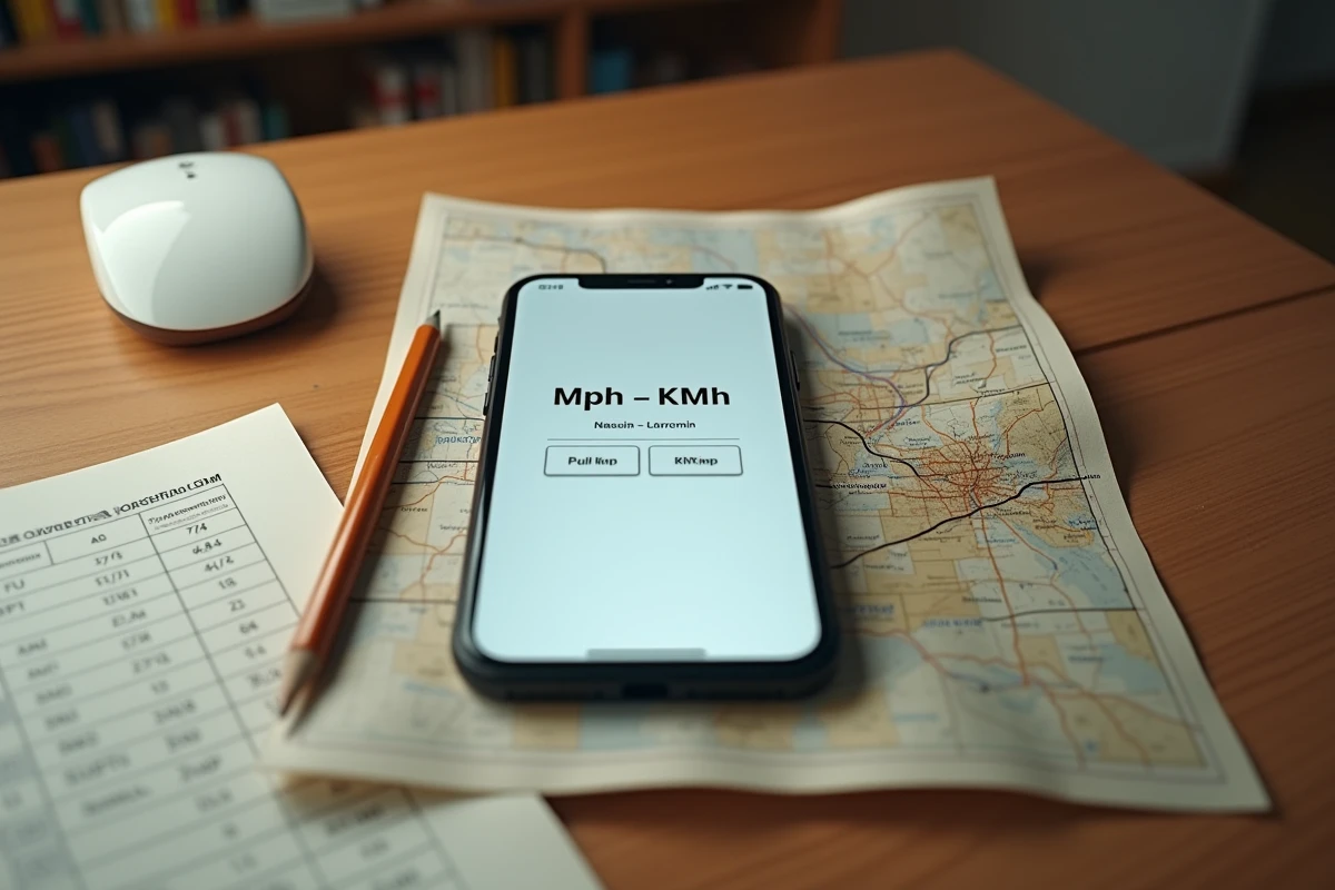 Smartphone affichant une conversion mph en km/h posé sur un bureau avec une carte routière et un tableau de conversion