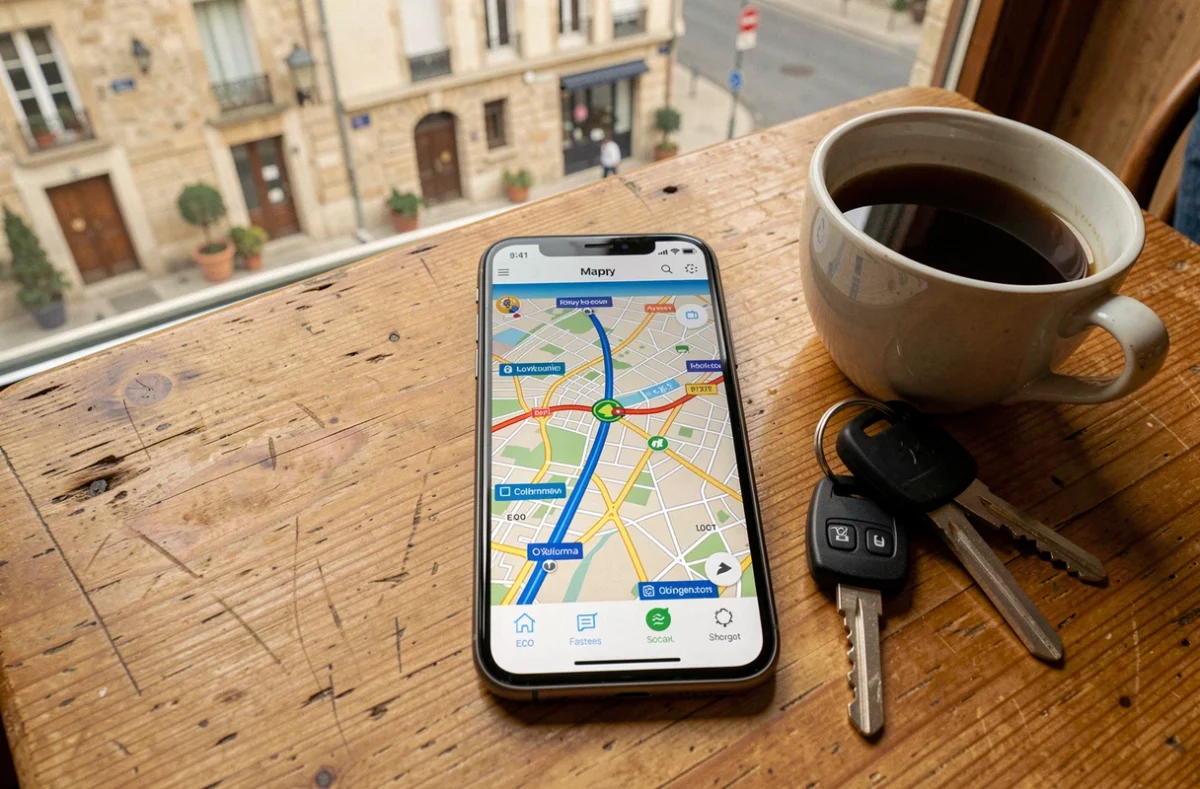 Smartphone affichant l'interface Mappy avec les options d'itinéraire voiture posé sur une table de café en France