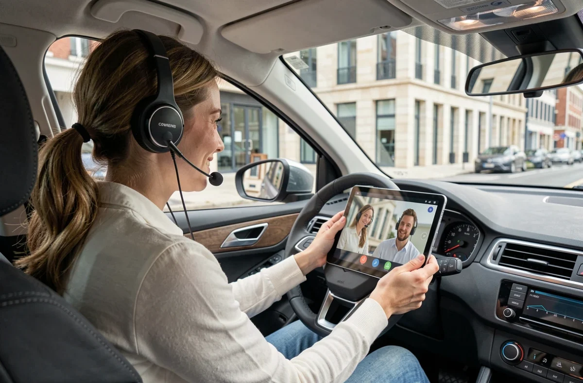 Une élève de Studi Conduite à Rennes suivant une leçon hybride avec moniteur à distance via tablette