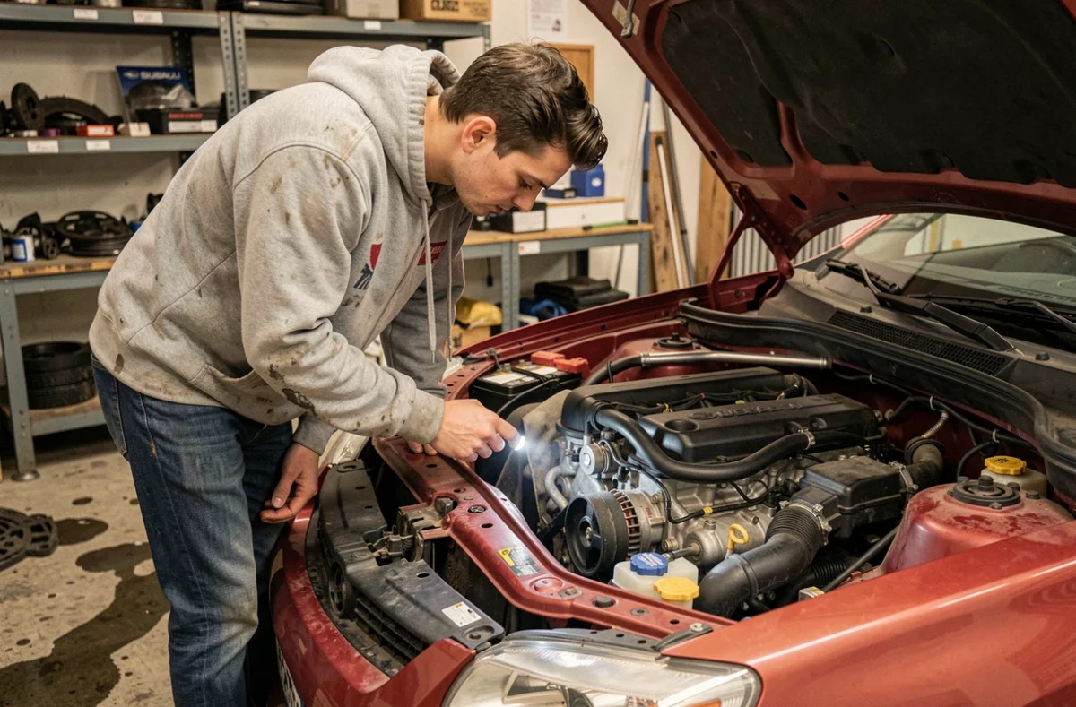 Jeune homme en sweat gris inspectant le moteur boxer turbo d'une Subaru Impreza WRX rouge dans un garage domestique, vue 3/4 réaliste et intimiste