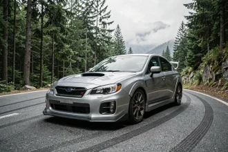 Subaru Impreza WRX argent garé sur une route de montagne sinueuse entourée de forêt de pins, vue 3/4 avant basse mettant en valeur le capot et les ailes élargies