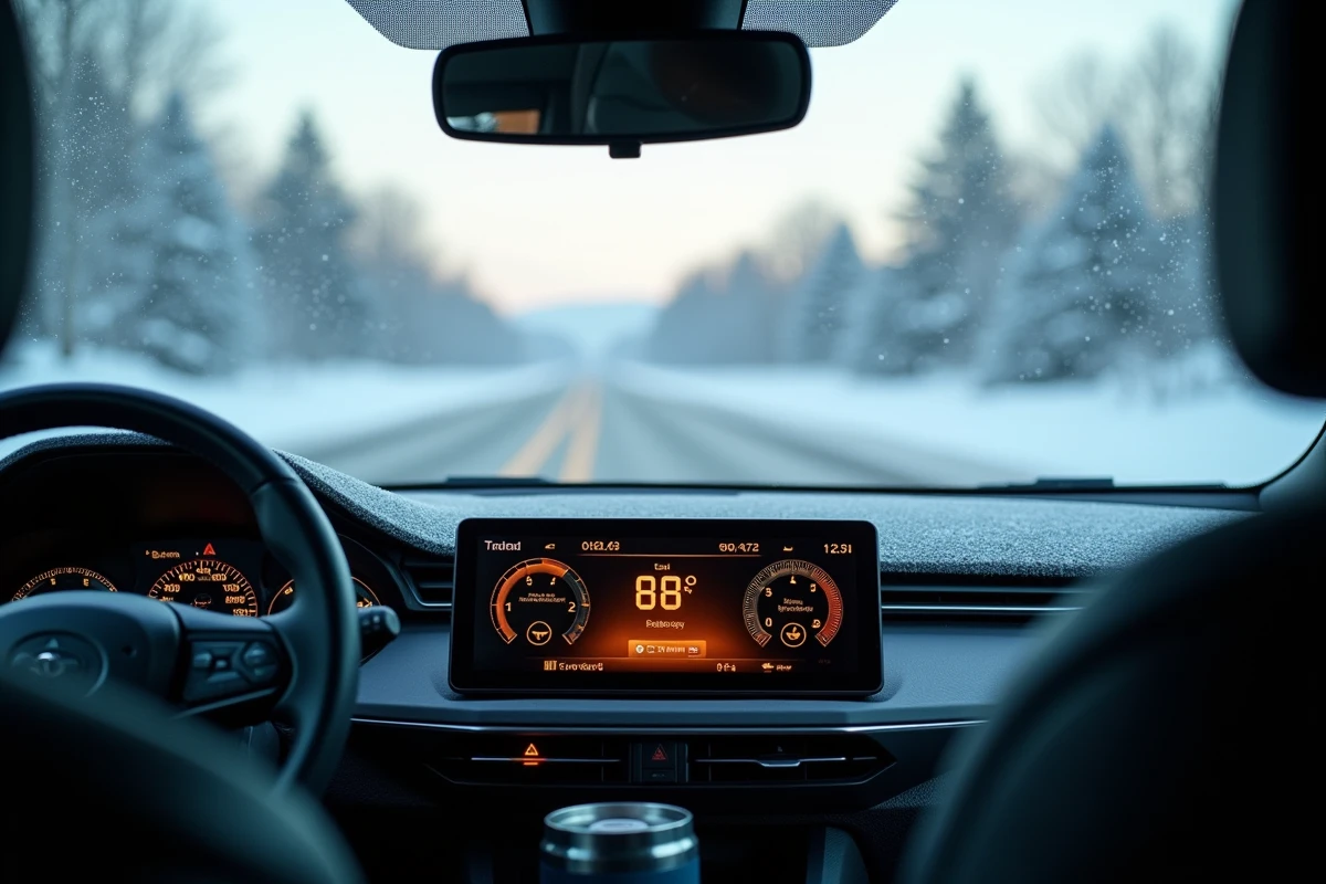 Tableau de bord d'une voiture hybride affichant l'autonomie réduite par le froid hivernal