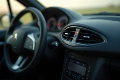 Tableau de bord Peugeot 208 avec défauts de vibration sur les panneaux plastiques et fissure visible sur la console centrale