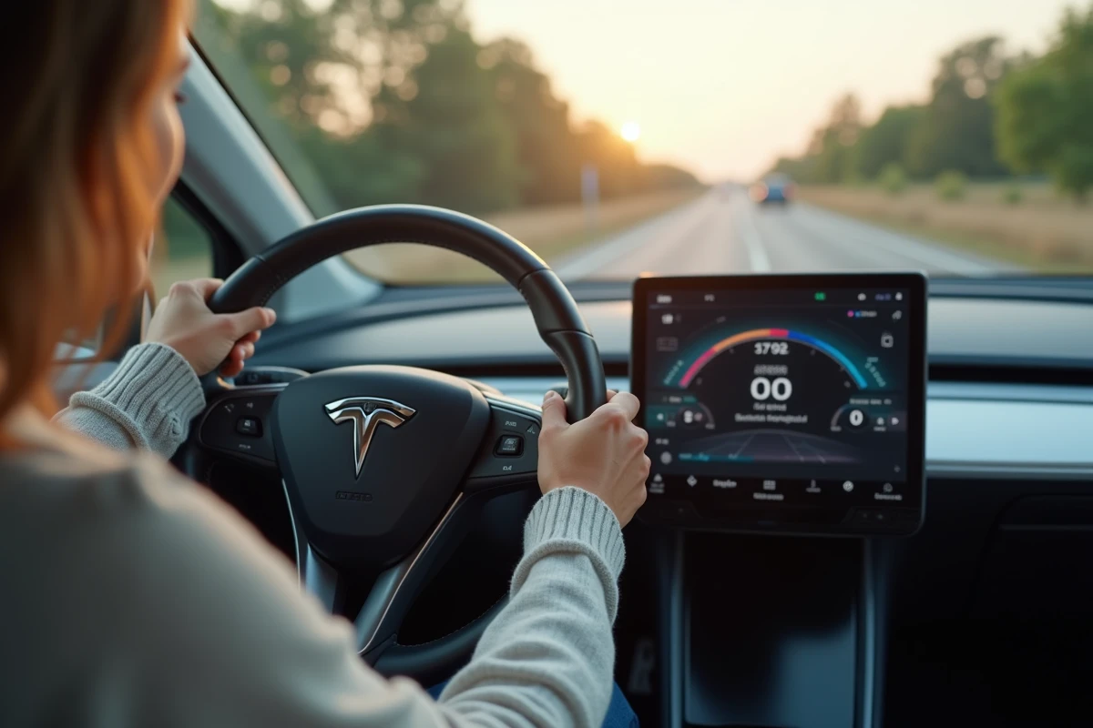 Tableau de bord d'un véhicule électrique affichant la puissance en kilowatts, conductrice au volant
