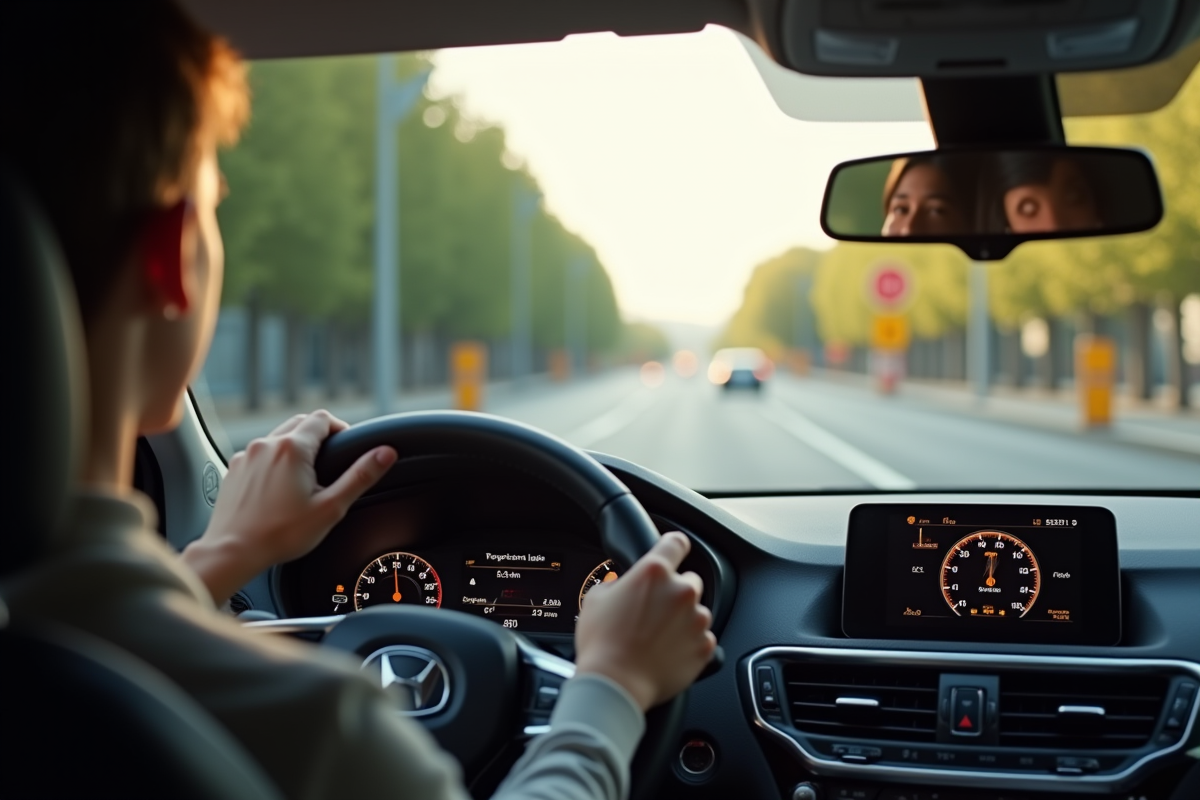 Détails du tableau de bord avec jeune au volant en ville