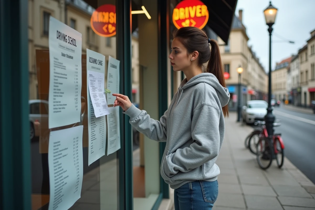 Jeune femme consultant les tarifs d'une auto-école en ville de province, comparaison du prix des leçons de conduite