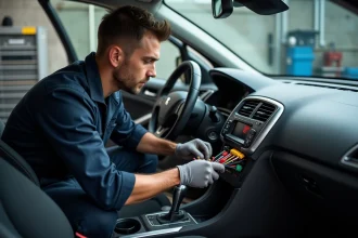 Technicien automobile tenant un faisceau de fils colorés pour branchement autoradio sur Peugeot