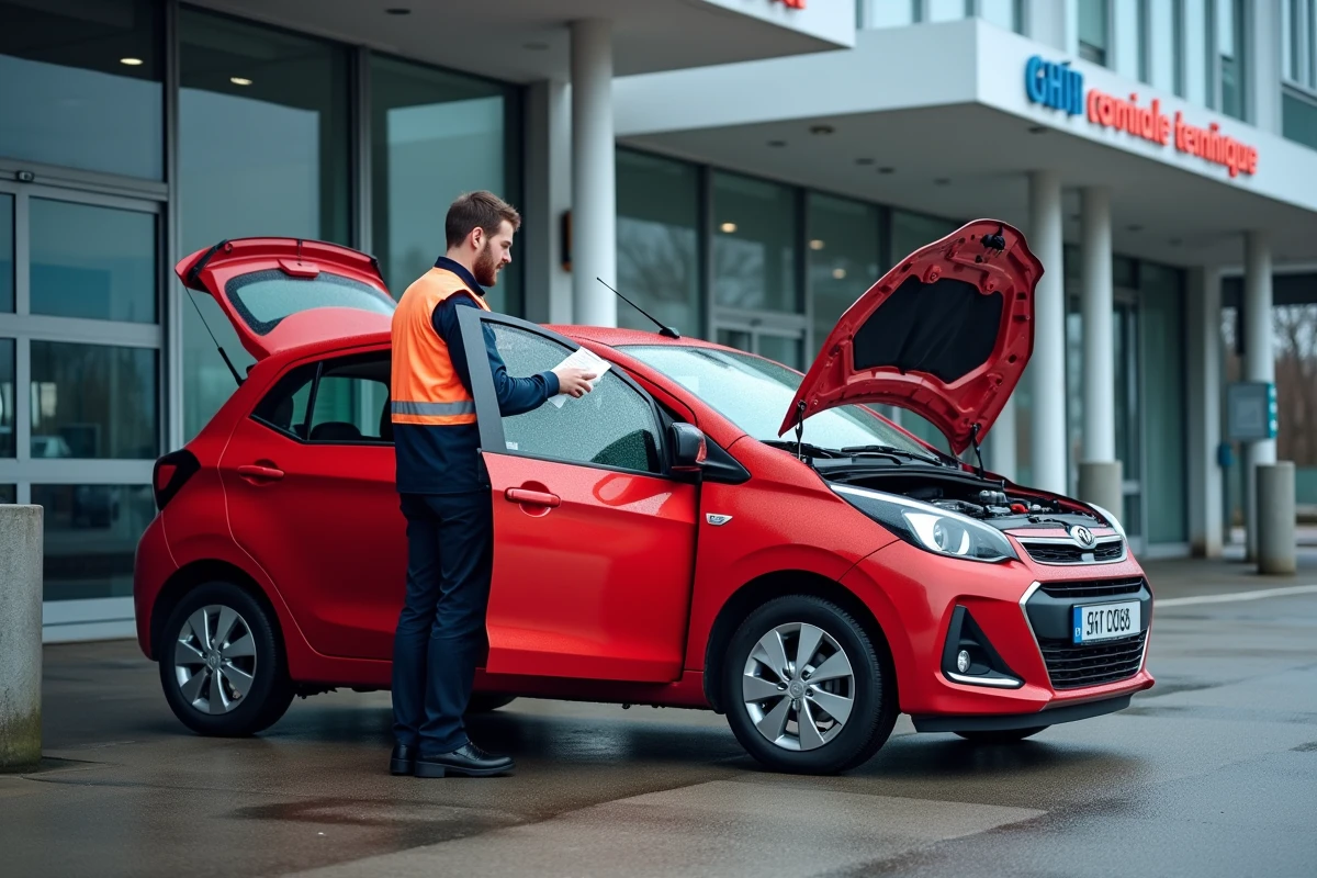 Technicien de contrôle technique vérifiant le moteur d'une voiture devant un centre de contrôle technique officiel en France