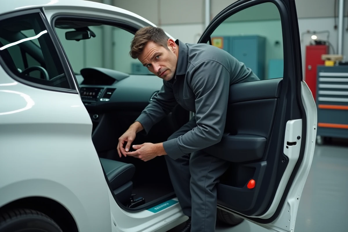 Technicien automobile diagnostiquant des bruits et vibrations sur le tableau de bord d'une Peugeot 208 dans un garage