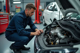 Technicien automobile inspectant le turbo d'une Peugeot pour diagnostiquer le code erreur P2563