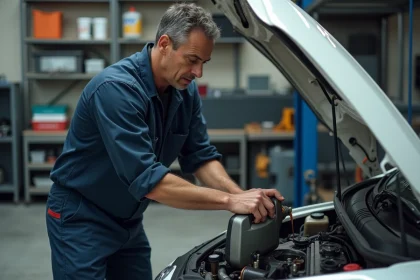 Technicien versant de l'huile moteur dans une Peugeot 208 essence dans un garage automobile