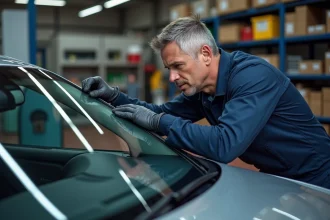 Technicien en uniforme répare un parebrise de voiture