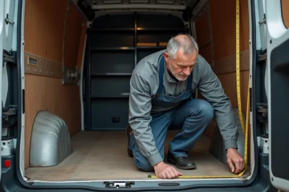 Technicien mesurant l'espace intérieur d'une vieille camionnette