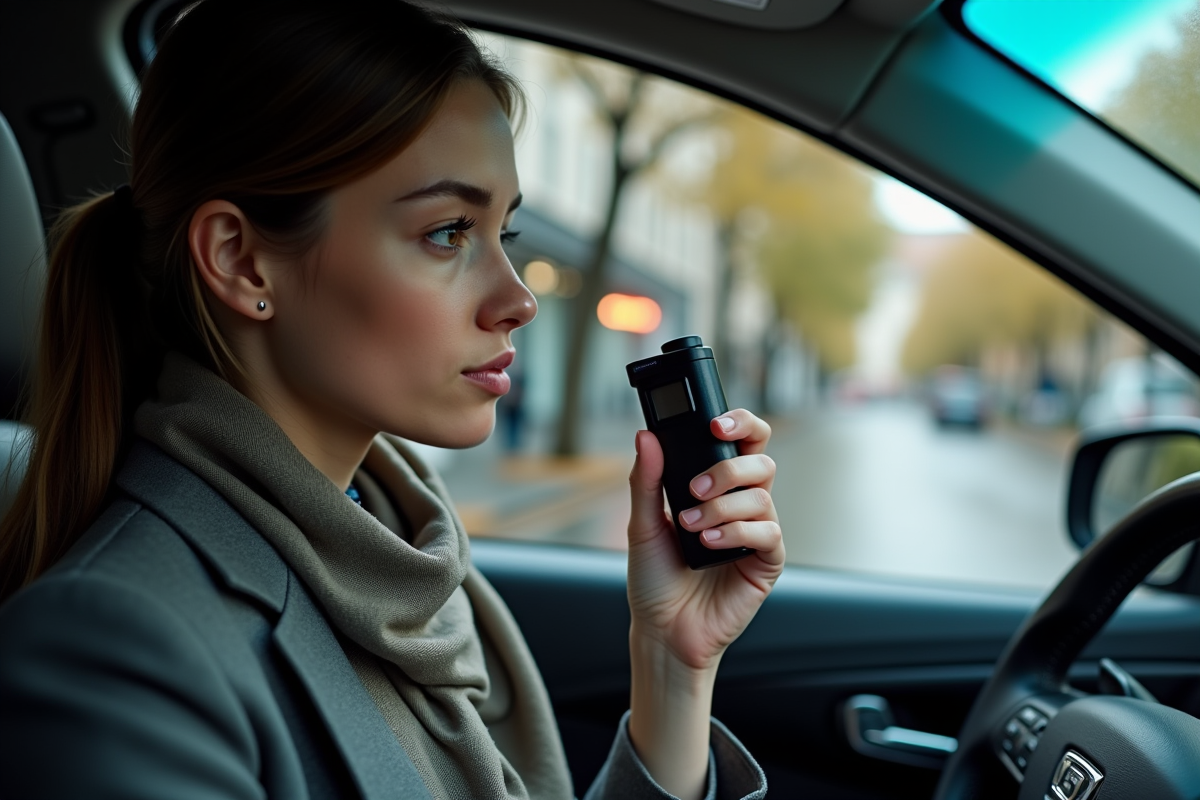 Jeune femme soufflant dans un éthylotest dans sa voiture