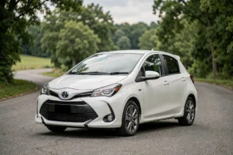 Toyota Yaris Sport blanche photographiée de trois quarts avant sur une route asphaltée entourée de verdure