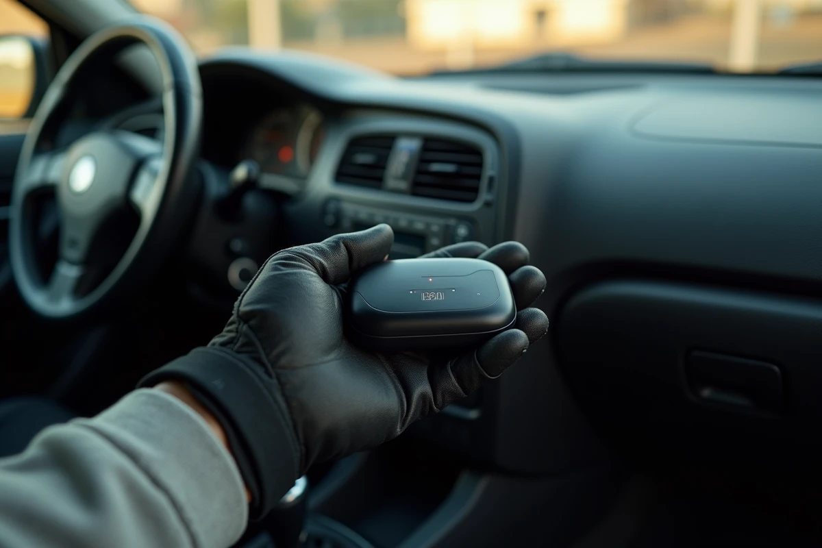 Gros plan d'un traceur GPS discret tenu au-dessus du port OBD d'un tableau de bord de voiture