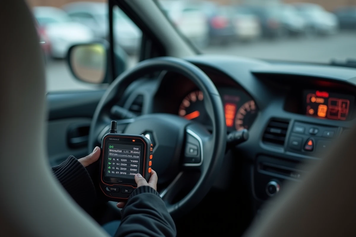 Valise de diagnostic OBD2 affichant des codes défauts sur son écran avec le voyant moteur allumé dans l'habitacle d'une Clio 2