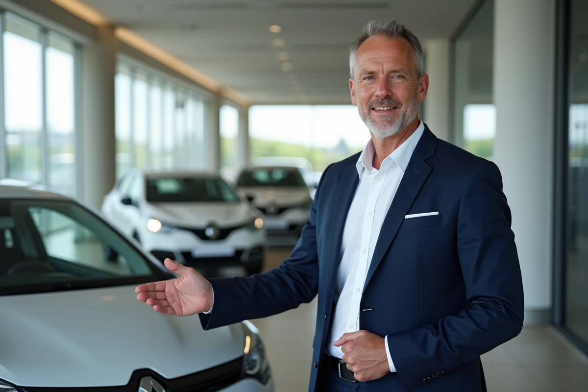 Vendeur automobile présentant la voiture la plus vendue en France dans une concession moderne