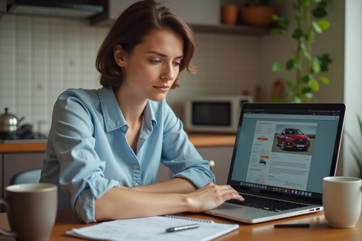 Femme vérifiant des informations sur un site de vente de voitures en ligne, contexte de l'enquête UFC-Que Choisir sur Aramis Auto