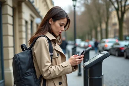 Femme vérifiant une application de location de véhicule devant une borne Mober à Paris avant sa première location