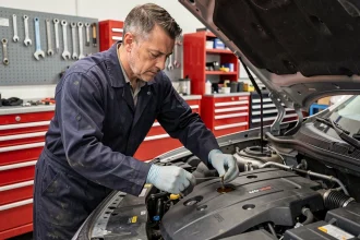 Mécanicien vérifiant le niveau d'huile moteur d'une Renault essence dans un atelier automobile professionnel