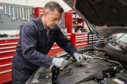 Mécanicien vérifiant le niveau d'huile moteur d'une Renault essence dans un atelier automobile professionnel
