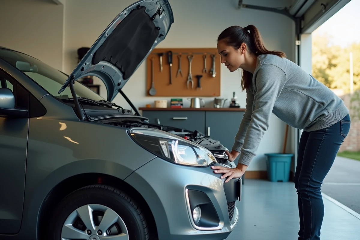 Femme vérifiant le moteur d'une voiture compacte grise dans un garage domestique, fiabilité automobile