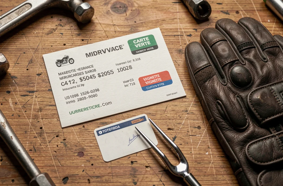 Mise en scène à plat de la vignette d'assurance moto, carte verte et gants de moto sur un établi en bois