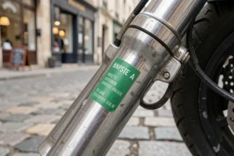 Vignette d'assurance moto collée sur la fourche avant d'une moto garée dans une rue française