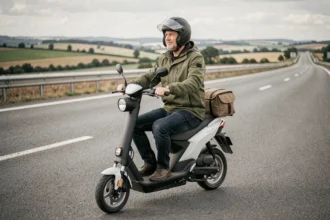 Homme à bord d'un scooter électrique Vmaxe sur une route de campagne, prêt pour un long trajet avec bagage fixé