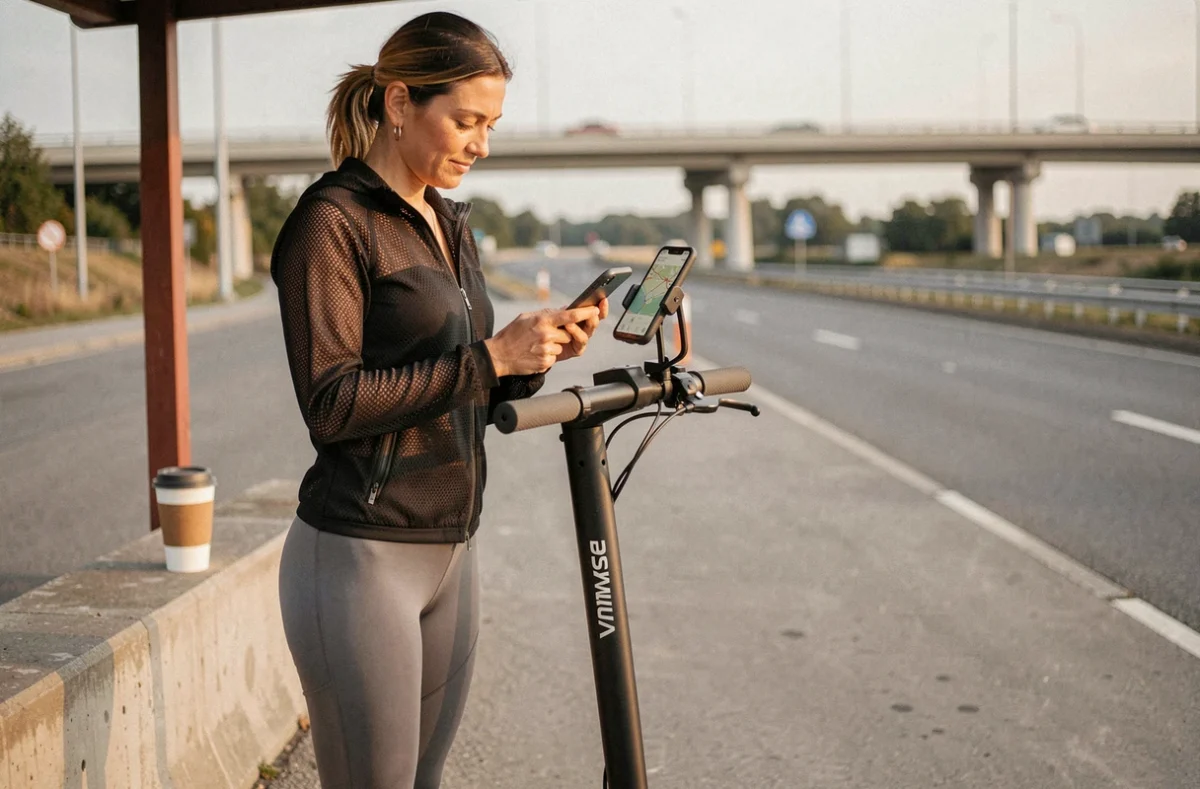 Femme faisant une pause lors d'un long voyage en scooter électrique Vmaxe, consultant la navigation GPS sur son téléphone