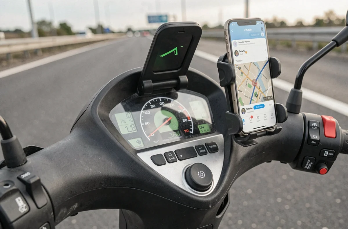 Tableau de bord d'un scooter électrique Vmaxe affichant l'autonomie restante et la navigation pour un long trajet