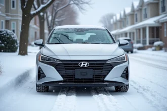 Voiture hybride garée sous la neige en hiver avec givre sur le pare-brise