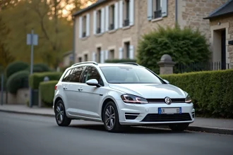 Voiture compacte familiale blanche la plus vendue en France garée dans une rue résidentielle pavillonnaire