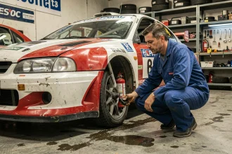 Mécanicien inspectant la suspension d'une voiture de rally révisée dans un atelier professionnel