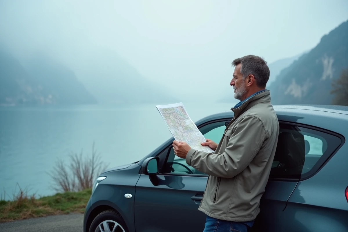 Homme consultant une carte routière appuyé sur sa voiture avec vue sur le lac Léman depuis la Route de Thonon